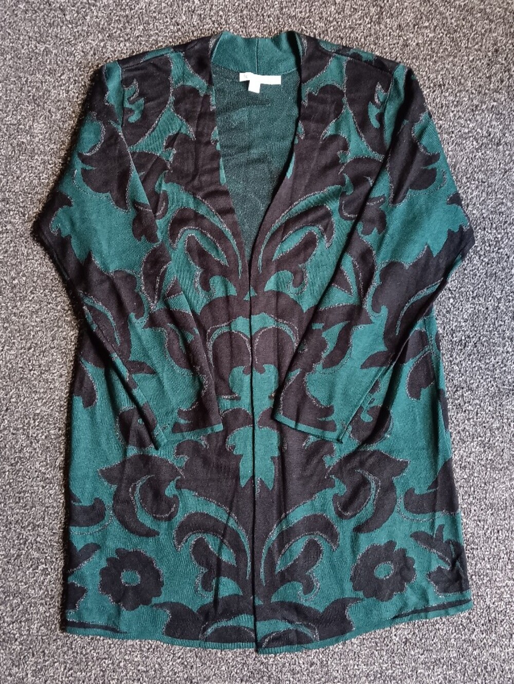 Chicos Green & Black Floral, Silver Metallic Thread Cardigan Sweater, Medium